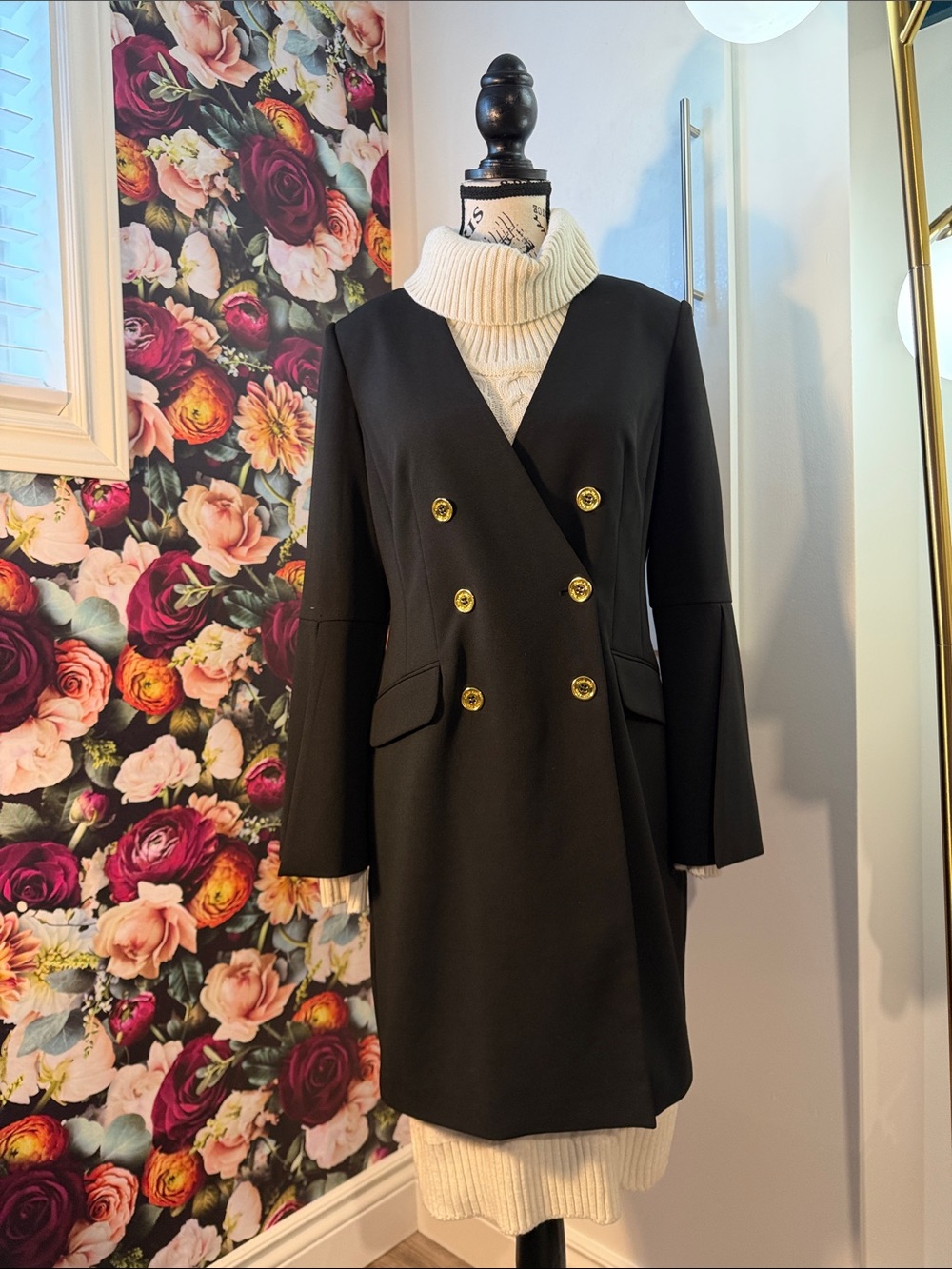Calvin Klein Black Double-Breasted Long Sleeve Dress Coat with Gold Buttons